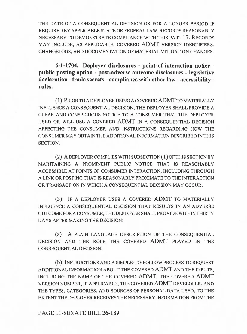 Page 11 of Colorado SB 26-189 showing section 6-1-1704(1) to (3): the notice before use, the public posting option and the 30-day post-adverse outcome disclosure