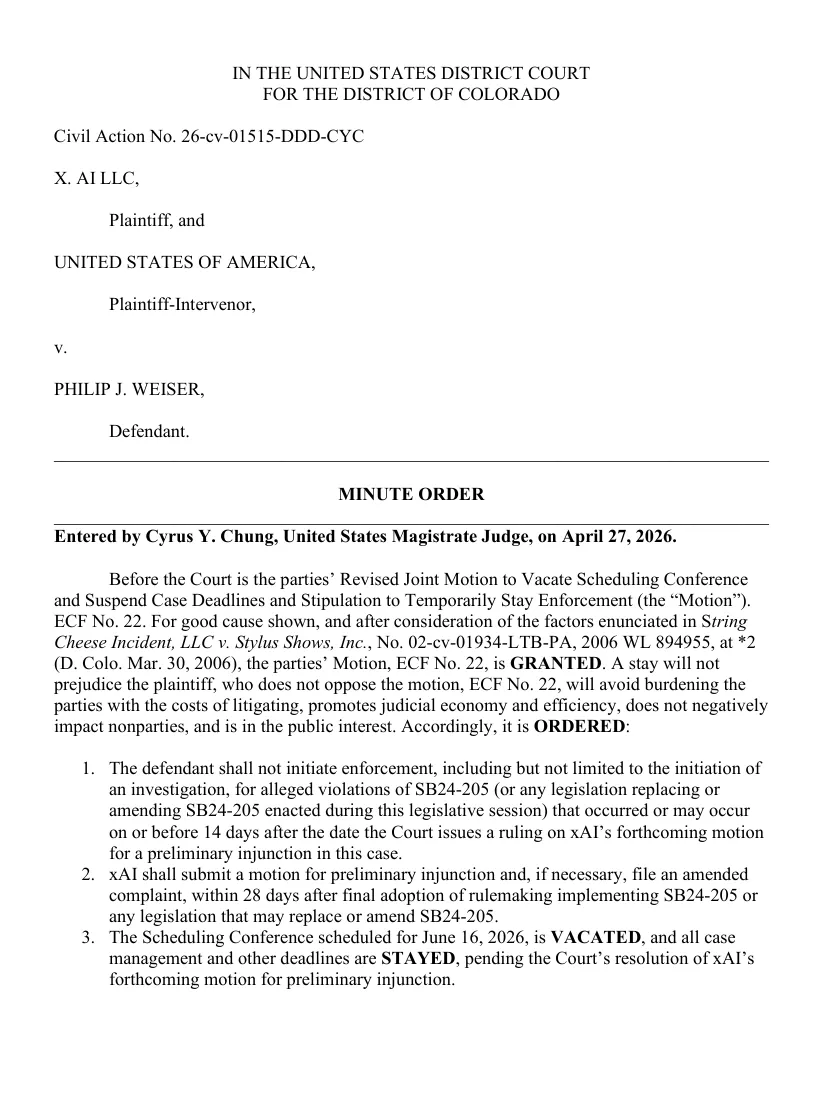 Page 1 of the April 27, 2026 minute order in X. AI LLC v. Weiser, showing the Attorney General's agreement not to initiate enforcement of SB24-205 or replacement legislation