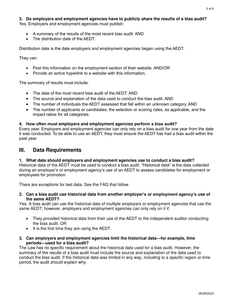 Page 3 of the NYC DCWP AEDT FAQ: what the published bias audit summary must include, and that a bias audit can be relied on for one year