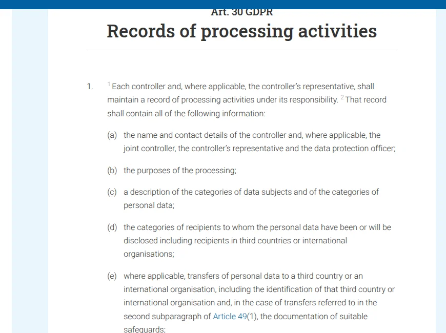 GDPR Article 30, records of processing activities, listing the information the record must contain