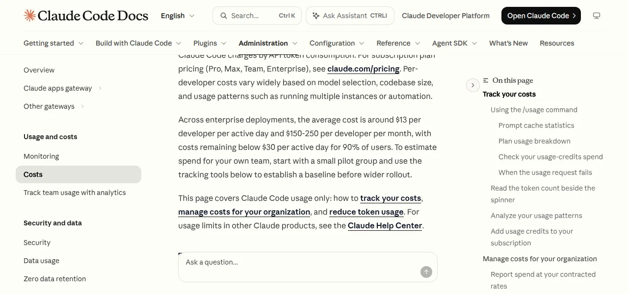 Claude Code Docs costs page stating an average of about $13 per developer per active day and $150-250 per developer per month across enterprise deployments