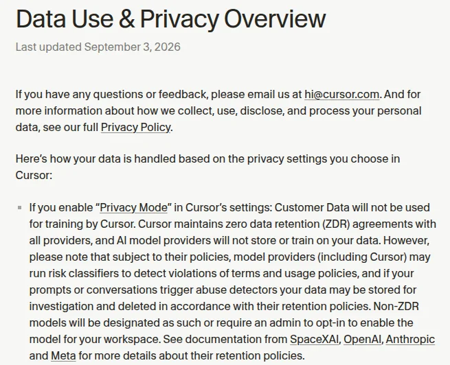 Cursor Data Use and Privacy Overview page, last updated September 3, 2026, explaining that with Privacy Mode on customer data is not used for training and with it off Cursor may use and store code data to train its models