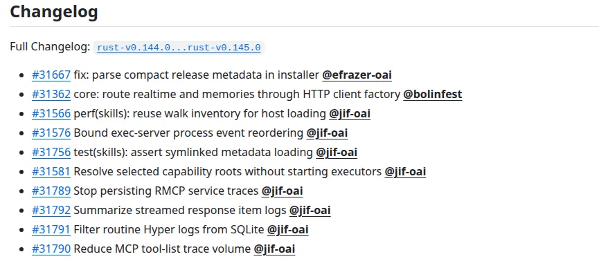 The rust-v0.145.0 release changelog on GitHub, listing pull requests 31789, 31792 and 31791
