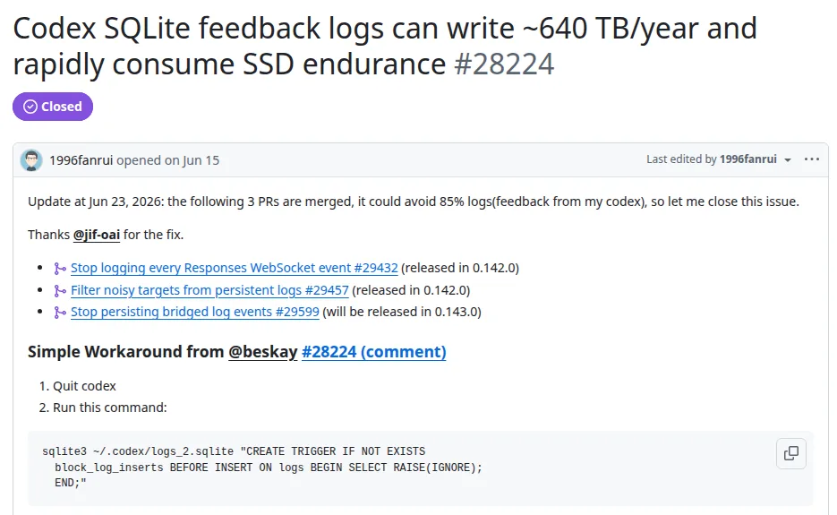 GitHub issue 28224 in the openai/codex repository, showing the reporter's June 23 update and the three merged pull requests