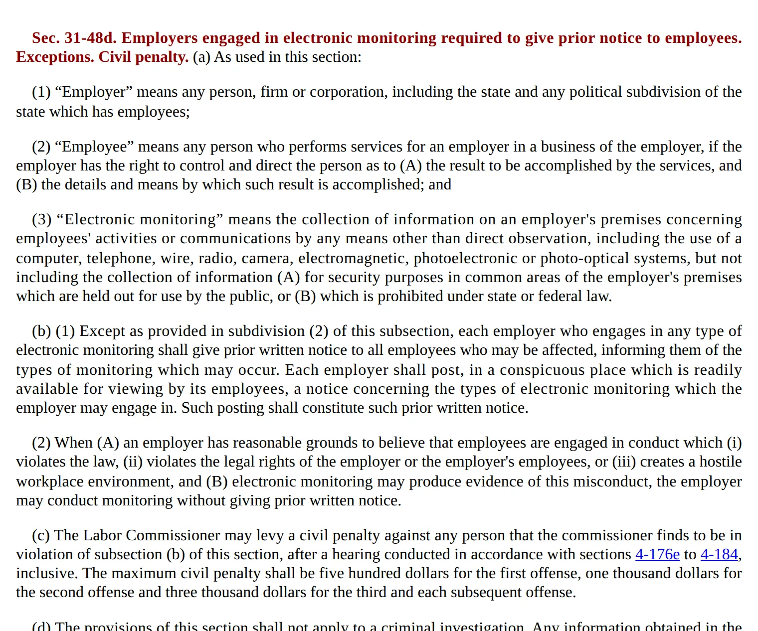 Screenshot of Connecticut General Statutes section 31-48d on electronic monitoring notice