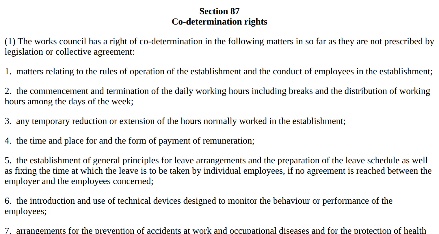 Screenshot of section 87 of the German Works Constitution Act, co-determination over monitoring devices