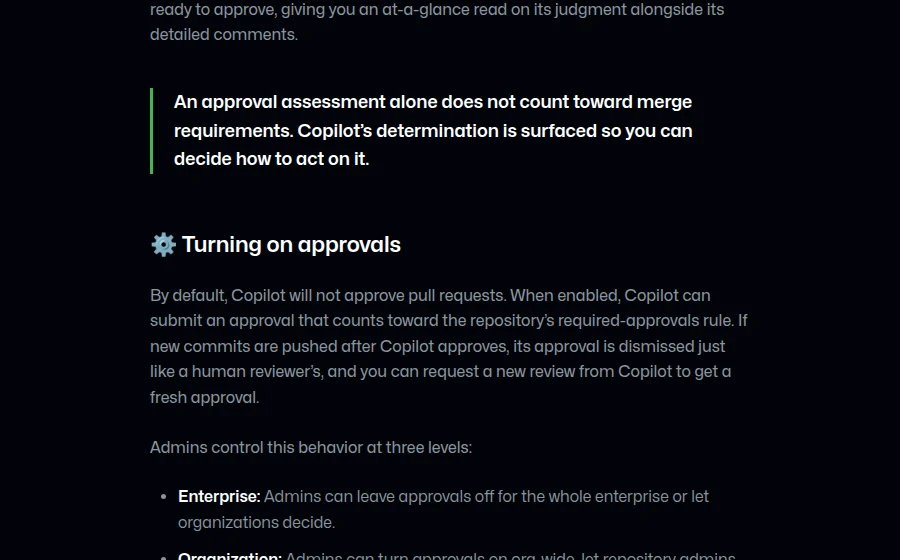 GitHub changelog of September 1, 2026, section "Turning on approvals": Copilot can submit an approval that counts toward the repository's required-approvals rule