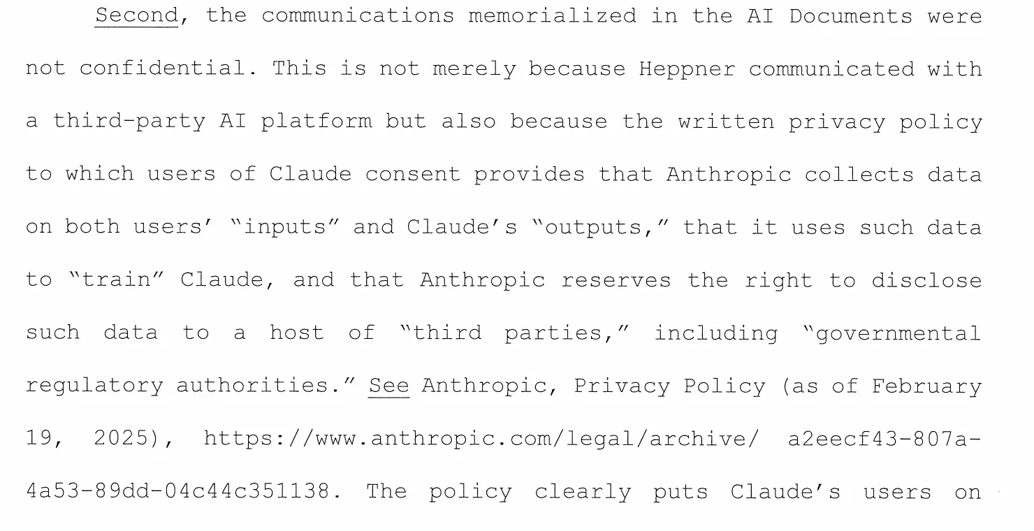 Excerpt from Judge Rakoff's February 17, 2026 memorandum in United States v. Heppner on Claude's privacy policy