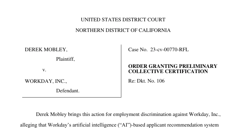 First page of the May 16, 2025 order granting preliminary collective certification in Mobley v. Workday, Case No. 23-cv-00770-RFL