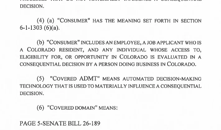 Page 5 of Colorado SB 26-189 as signed: "Consumer" includes an employee and a job applicant who is a Colorado resident; definition of covered ADMT