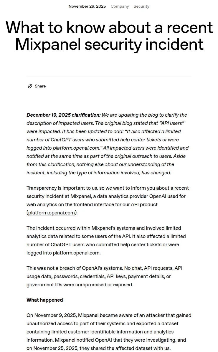 Screenshot of OpenAI's post "What to know about a recent Mixpanel security incident", dated November 26, 2025