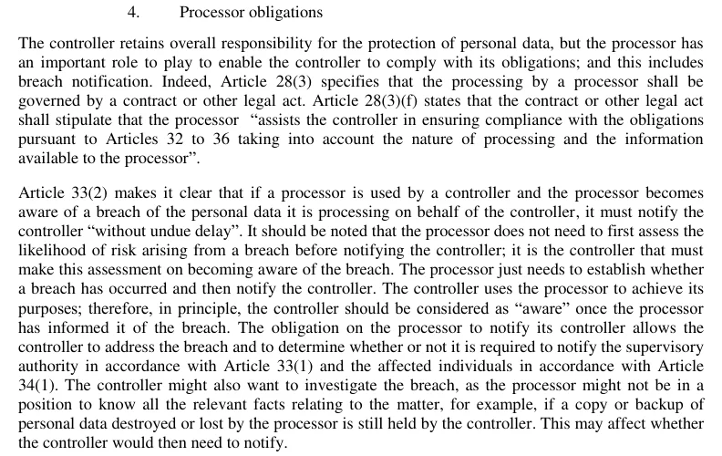 Screenshot of WP29 breach notification guidelines, page 13, Processor obligations section