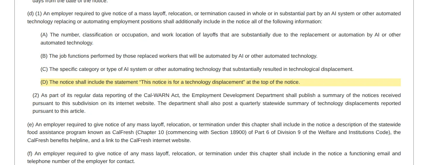 California SB 951 chaptered text showing Labor Code section 1401(d) and the statement This notice is for a technology displacement