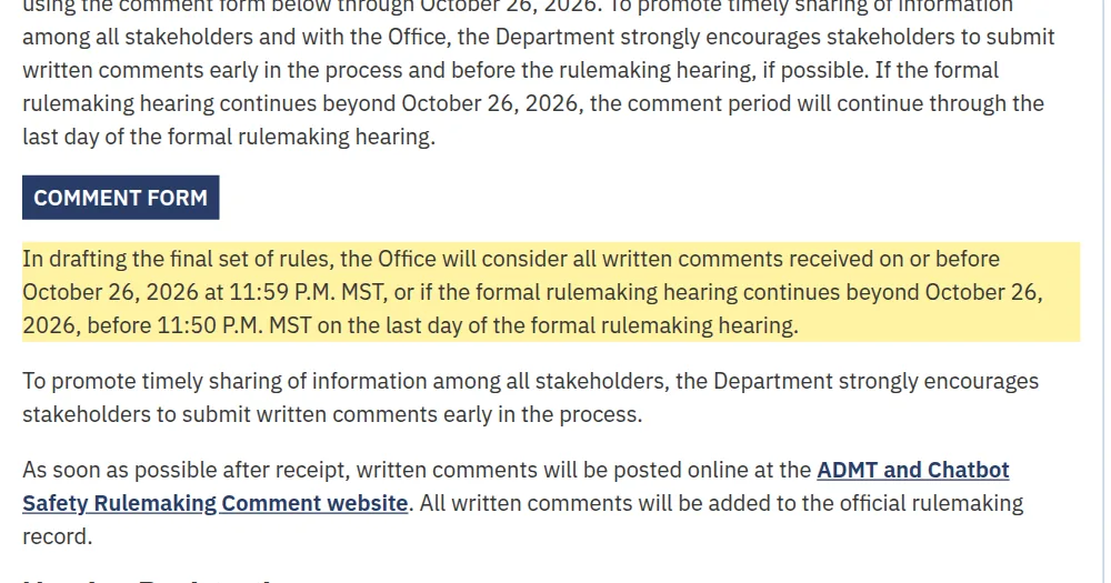 Colorado Attorney General rulemaking page stating that written comments are accepted through October 26, 2026 at 11:59 p.m. MST