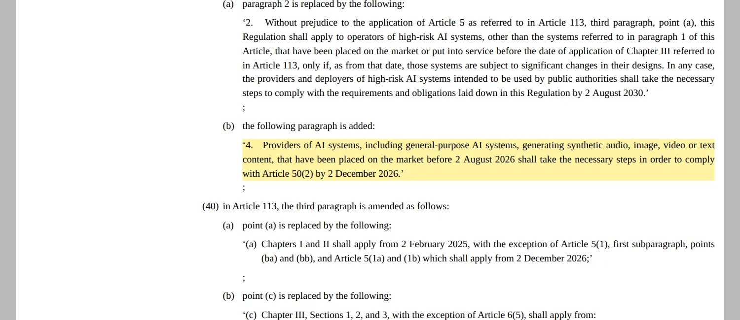 EUR-Lex text of Regulation (EU) 2026/1744 adding Article 111(4) and amending Article 113 of the AI Act with the December 2, 2026 dates