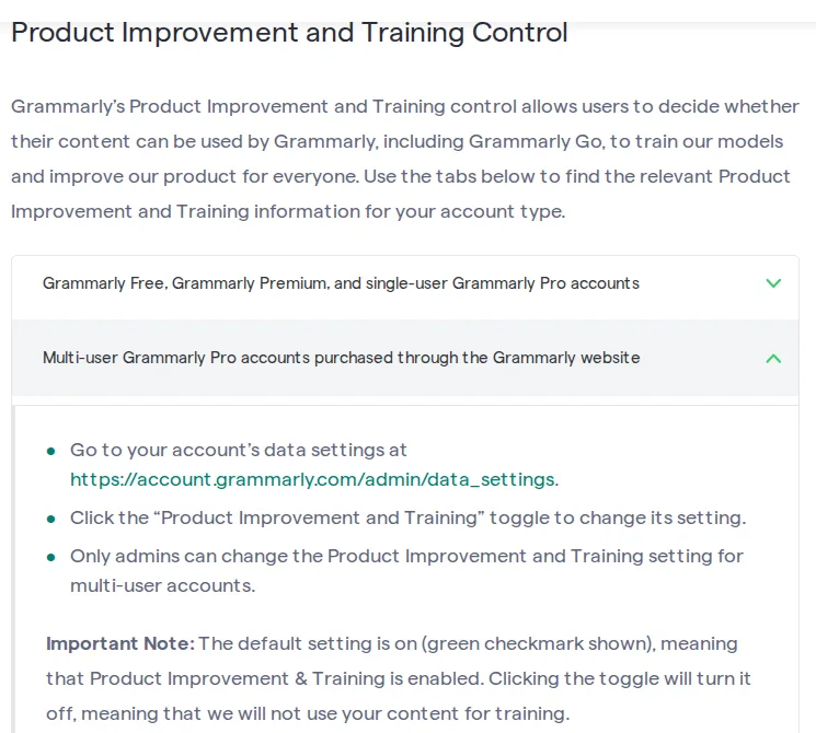 Grammarly Support page showing that Product Improvement and Training is on by default for multi-user Grammarly Pro accounts bought through the website