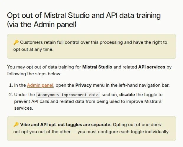 Mistral help center section on opting out of Mistral Studio and API data training through the Admin panel