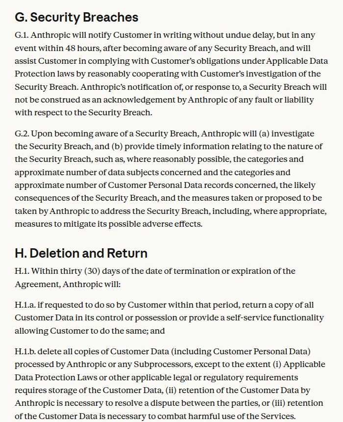 Anthropic Data Processing Addendum sections G and H: breach notice within 48 hours and deletion within 30 days of termination