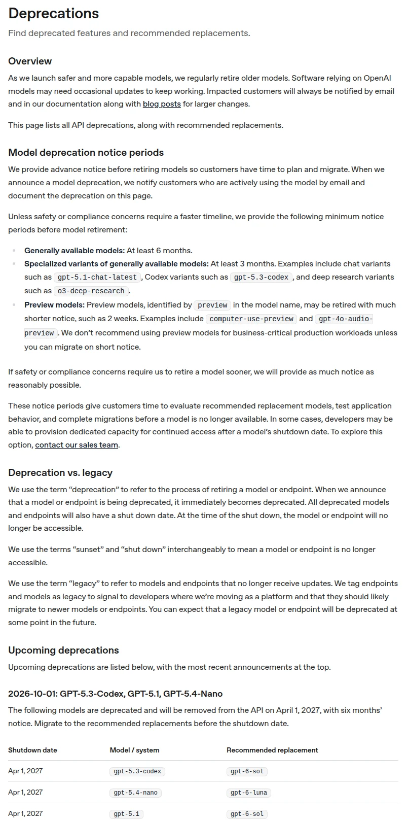OpenAI API Deprecations page showing minimum notice periods: at least 6 months for generally available models, 3 months for specialized variants
