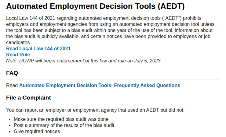 The NYC Department of Consumer and Worker Protection page on Automated Employment Decision Tools, summarizing Local Law 144's bias audit and notice rules