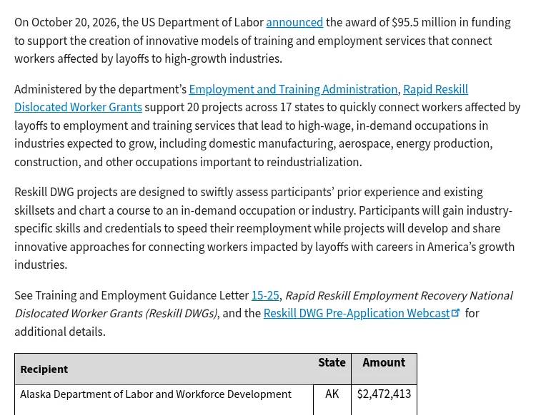 Department of Labor Reskill DWGs page announcing $95.5 million for 20 projects across 17 states, with the first rows of the recipient table