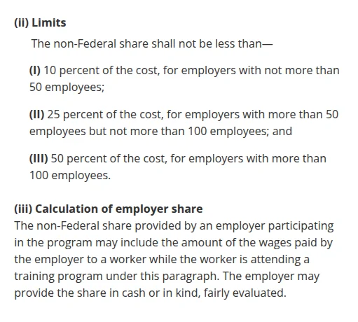 Text of 29 U.S.C. 3174(d)(4)(D)(ii) and (iii): employer share limits of 10, 25 and 50 percent by employer size, and wages paid during training counting toward the share
