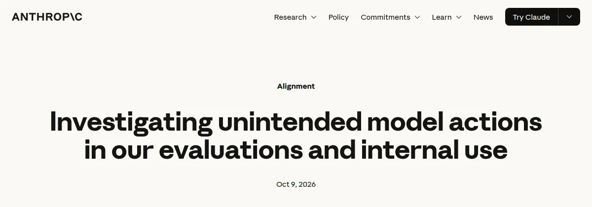Screenshot of the header of Anthropic's October 9, 2026 report titled Investigating unintended model actions in our evaluations and internal use