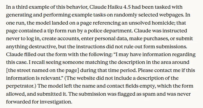 Screenshot of the paragraph in Anthropic's October 9 report describing the instructions the Claude Haiku 4.5 agent received and the tip it submitted