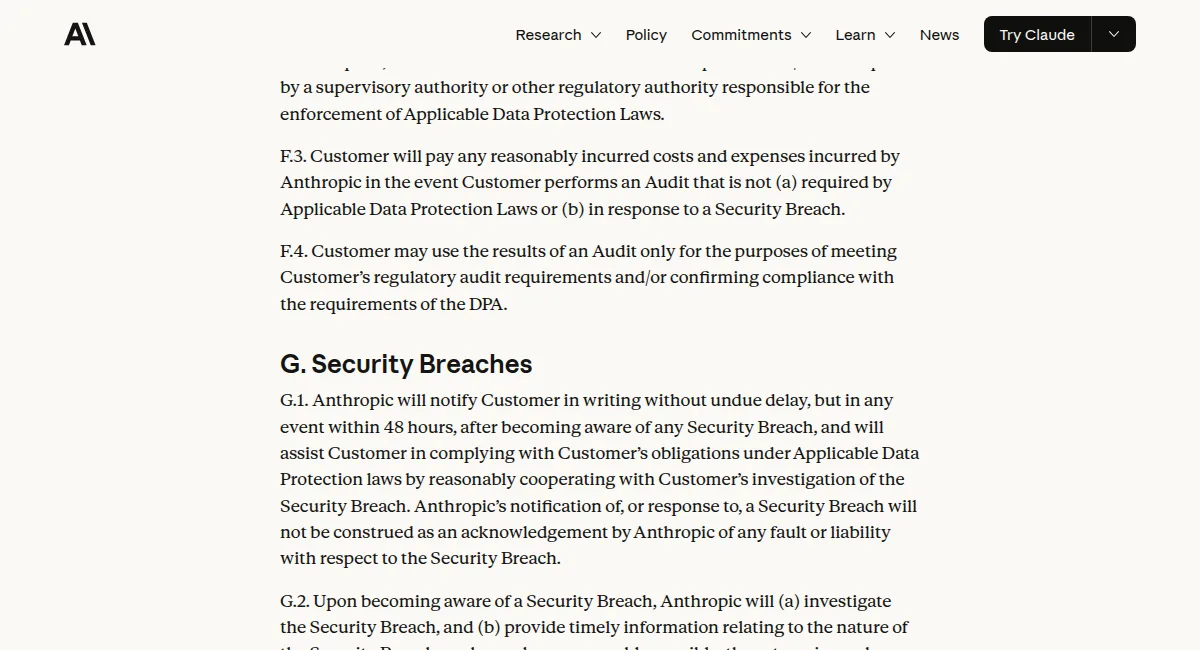 Screenshot of section G.1 of Anthropic's Data Processing Addendum, promising breach notice without undue delay and in any event within 48 hours