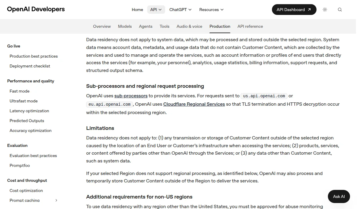 Screenshot of OpenAI's data controls documentation listing data residency limitations and the extra requirements for non-US regions