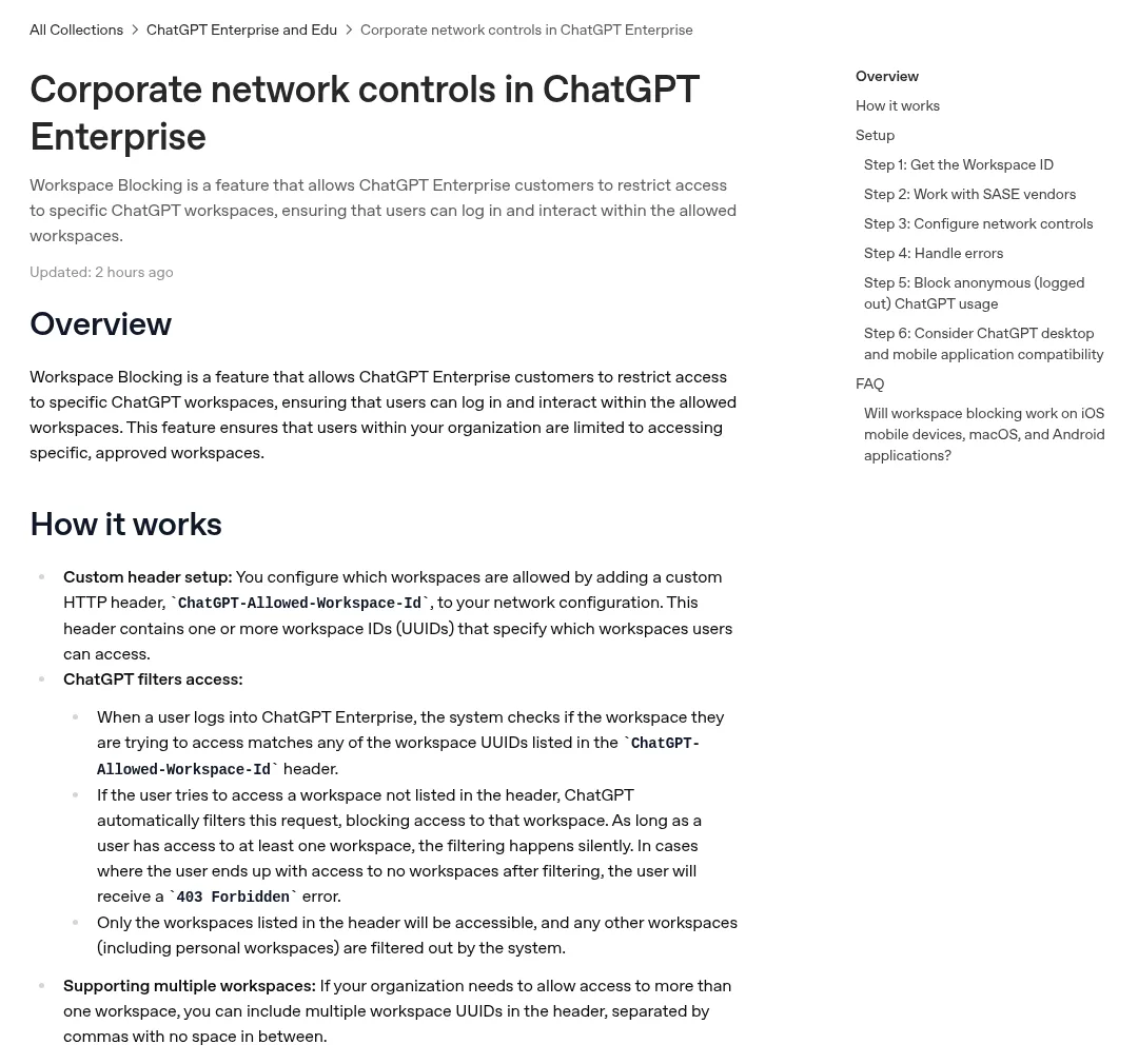 OpenAI Help Center article "Corporate network controls in ChatGPT Enterprise" explaining the ChatGPT-Allowed-Workspace-Id header
