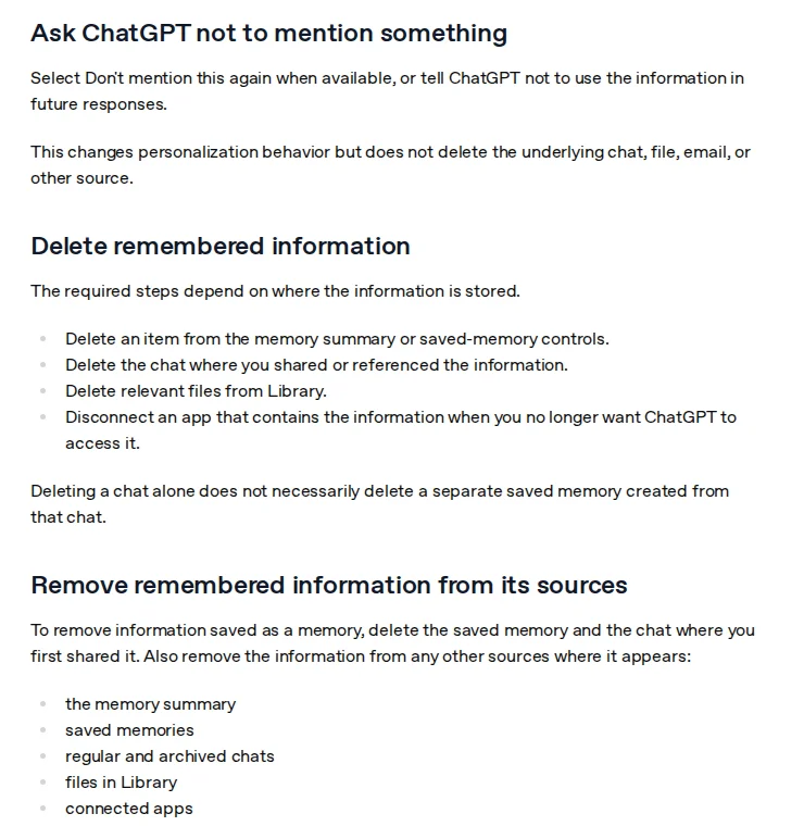OpenAI Help Center section titled Delete remembered information, listing the memory summary, chats, Library files and connected apps as places to delete from, representing ChatGPT memory deletion steps