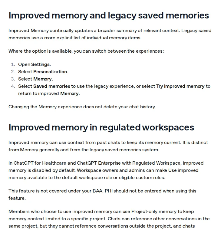 OpenAI Help Center page section titled Improved memory in regulated workspaces, saying improved memory is disabled by default and not covered under a BAA, representing ChatGPT Enterprise memory controls