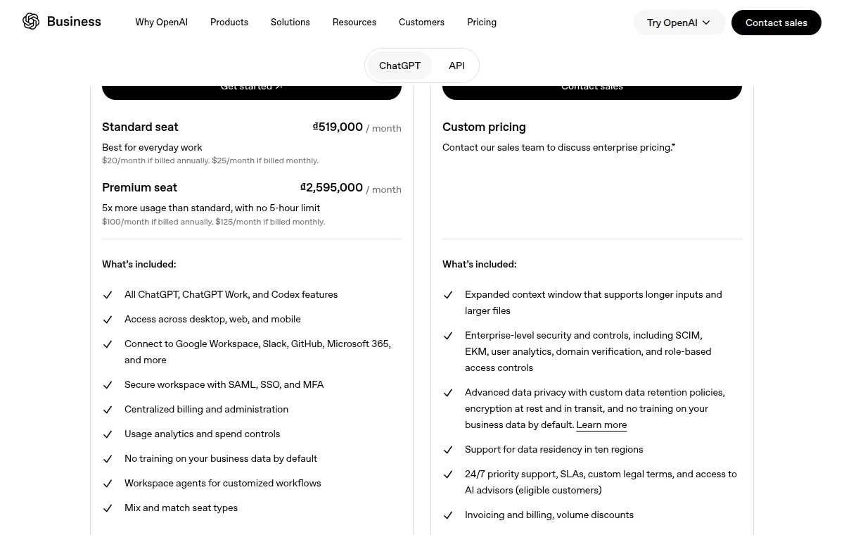 Screenshot of OpenAI's business pricing page: Business includes SAML, SSO and MFA and no training by default; Enterprise adds SCIM, EKM, domain verification, role-based access, custom data retention and data residency in ten regions