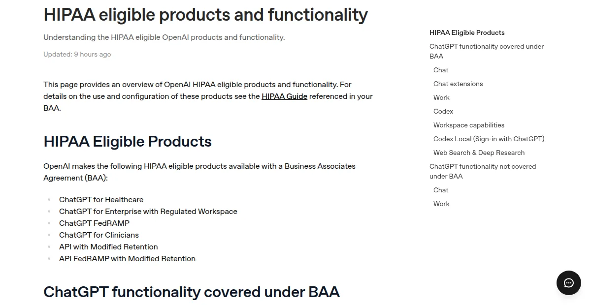 Screenshot of OpenAI's Help Center listing HIPAA eligible products available with a BAA: ChatGPT for Healthcare, ChatGPT for Enterprise with Regulated Workspace, ChatGPT FedRAMP, ChatGPT for Clinicians and the API with modified retention