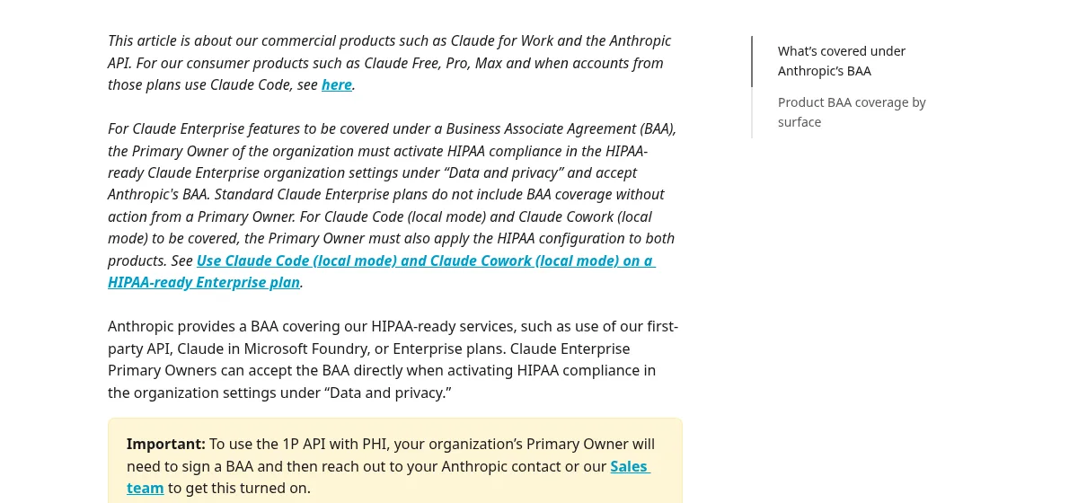 Screenshot of Anthropic's Privacy Center: for Claude Enterprise features to be covered under a BAA the primary owner must activate HIPAA compliance; Anthropic provides a BAA covering its first-party API, Claude in Microsoft Foundry and Enterprise plans