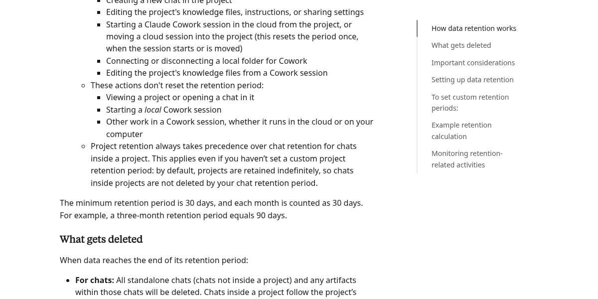Screenshot of Anthropic's Privacy Center explaining Enterprise custom retention: the minimum retention period is 30 days, and projects are retained indefinitely by default