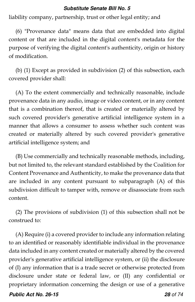 Page 28 of Connecticut Public Act 26-15 showing Section 15(b): provenance data duties and the reference to the Coalition for Content Provenance and Authenticity standard
