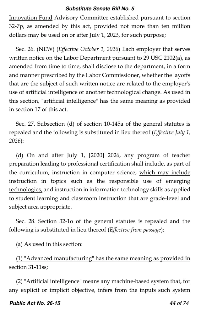 Page 44 of Connecticut Public Act 26-15 showing Section 26: employers serving WARN notices must tell the Labor Department whether the layoffs relate to artificial intelligence