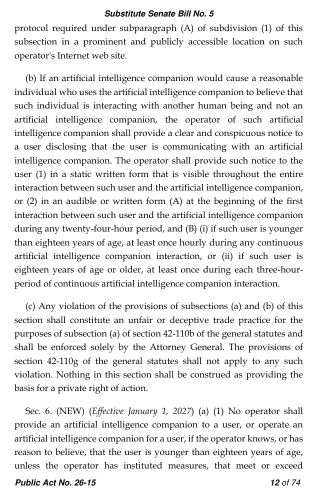 Page 12 of Connecticut Public Act 26-15 showing Section 5(b), the AI companion notice timing, and the start of Section 6 on minors