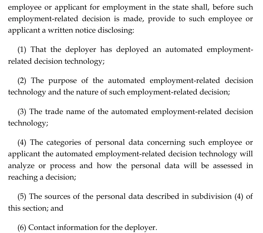 Screenshot of Section 10 of Connecticut Public Act 26-15 listing the six items an employer's written notice must disclose before an employment-related decision