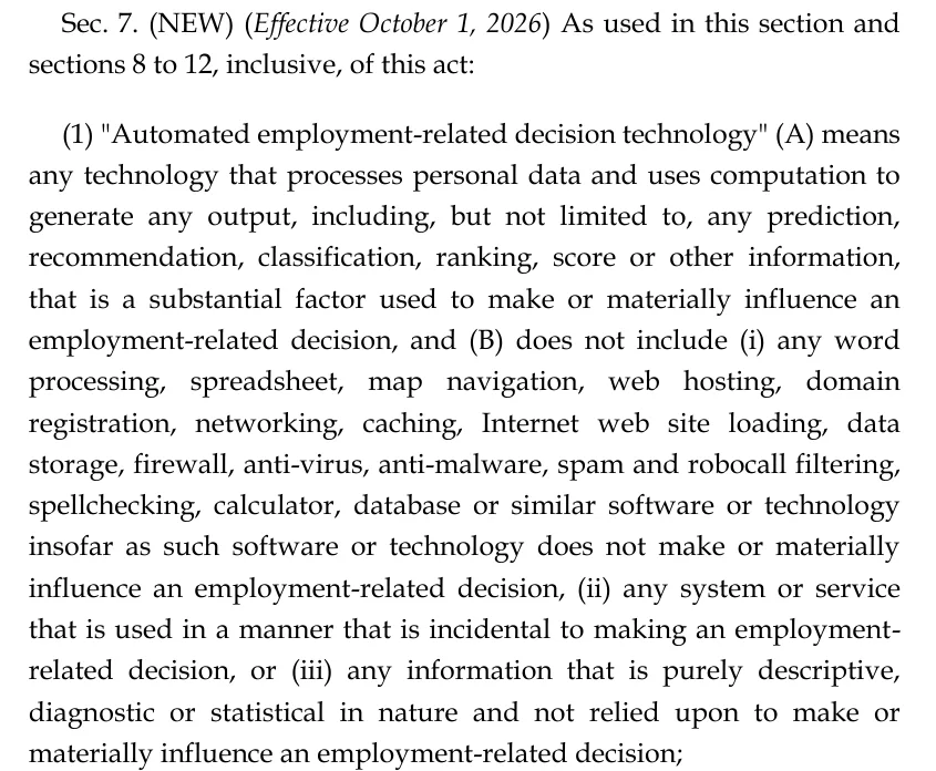 Screenshot of Section 7 of Connecticut Public Act 26-15 defining automated employment-related decision technology and its exclusions