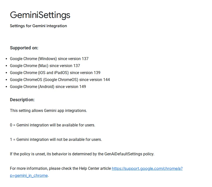 Chrome Enterprise policy list entry for GeminiSettings, showing support from Chrome 137 on Windows and Mac and the values 0 (available) and 1 (not available)