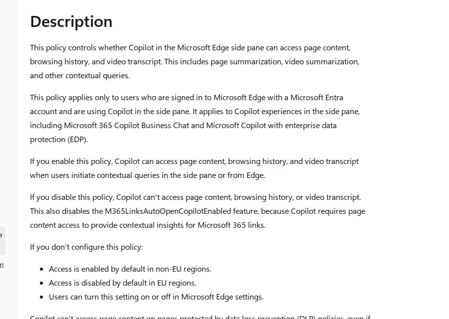 Microsoft Learn description of the EdgeEntraCopilotPageContext policy, including that disabling it stops Copilot accessing page content, browsing history or video transcript, and that unset access is enabled outside the EU and disabled in the EU
