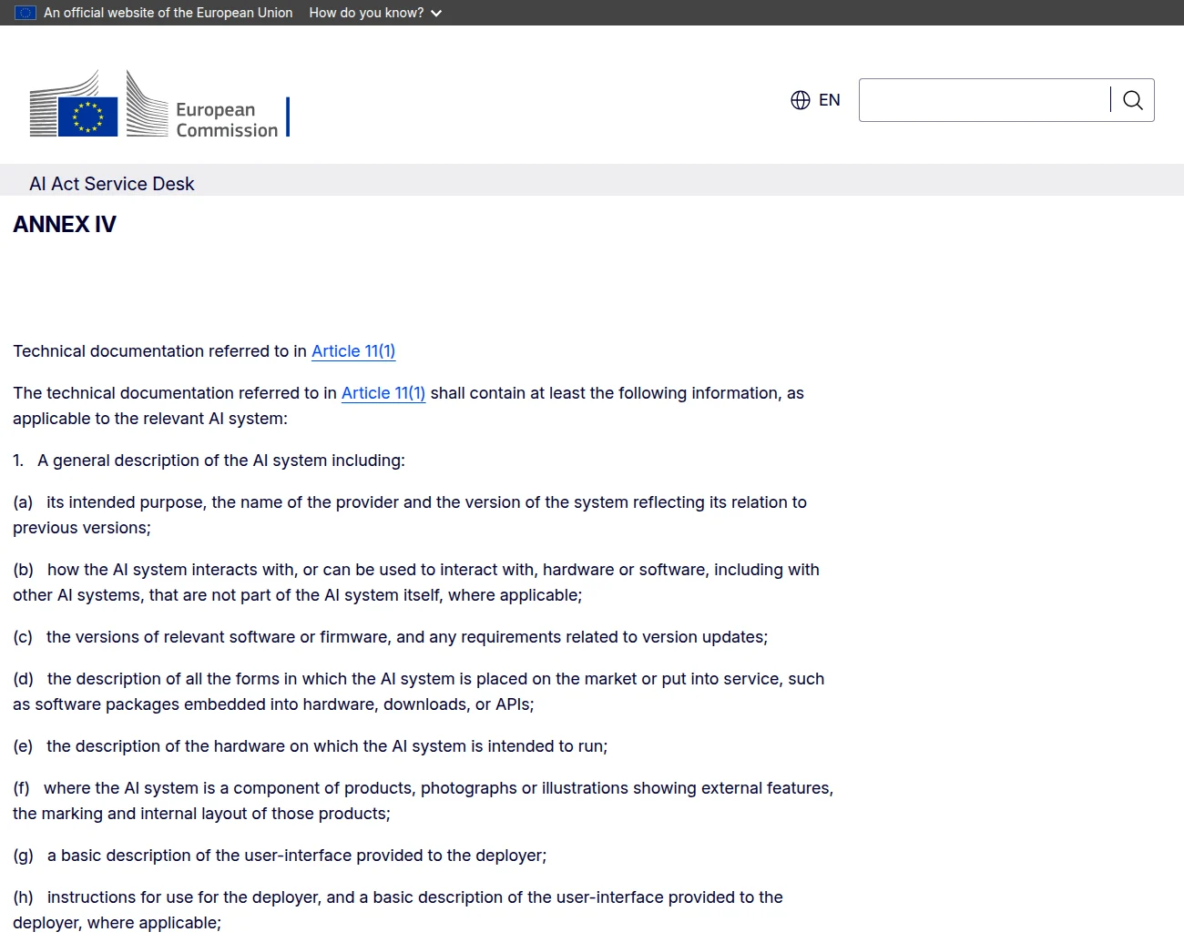 EU AI Act Service Desk, Annex IV, point 1 general description items (a) to (h)