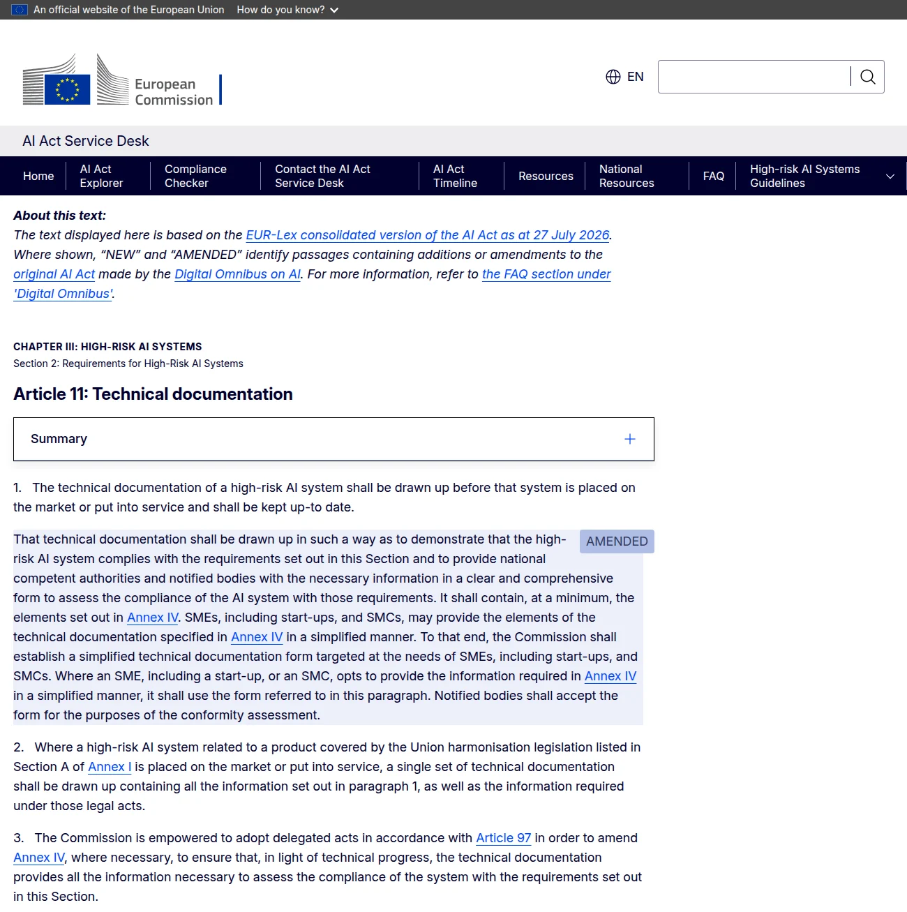 EU AI Act Service Desk, Article 11 Technical documentation, showing the paragraph marked AMENDED with SMEs, start-ups and SMCs