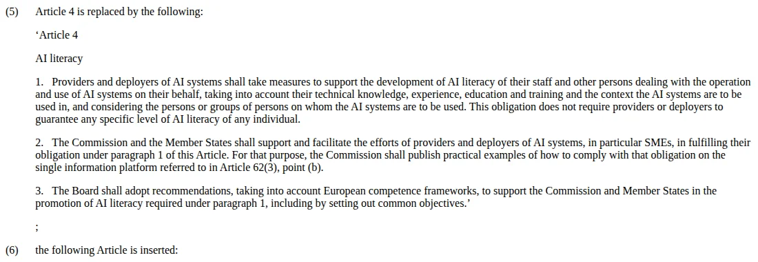 Text of Regulation (EU) 2026/1744, point 5, replacing Article 4 of the AI Act on AI literacy