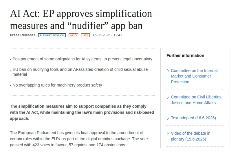 European Parliament press release of June 16, 2026, "AI Act: EP approves simplification measures and nudifier app ban", stating the vote passed with 423 votes in favour, 57 against and 174 abstentions