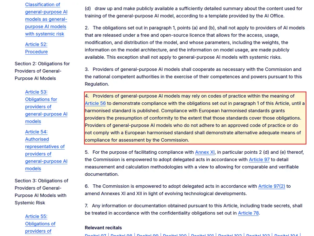 Article 53(4) of the EU AI Act on the AI Act Service Desk, highlighted: providers may rely on codes of practice to demonstrate compliance until a harmonised standard is published; harmonised standards grant the presumption of conformity