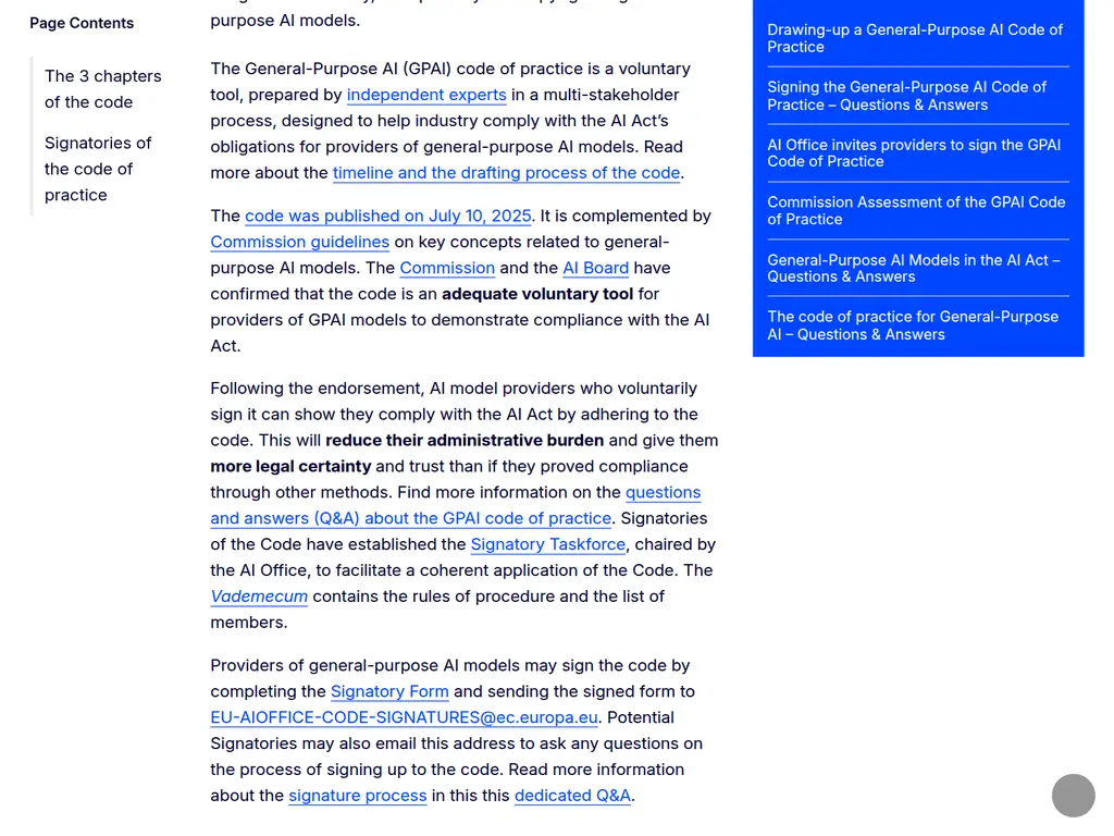 The European Commission's General-Purpose AI Code of Practice page: the code was published on July 10, 2025, and the Commission and the AI Board confirmed it is an adequate voluntary tool